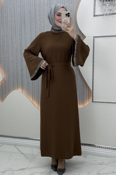 Ahuela taşlı elbise Kahverengi