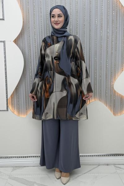 Dalga Pantolonlu Takım Gri