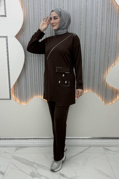 Ezel Pantolonlu Takım Kahverengi