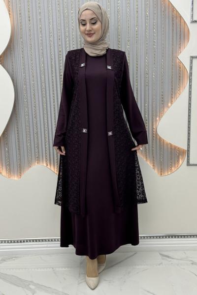 Hanımtül Hırkalı Elbise Mürdüm