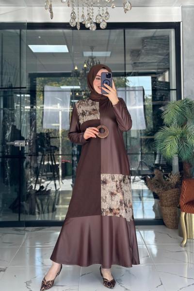 Deri Kombin Elbise Kahverengi