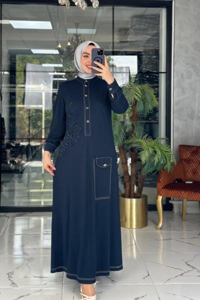 Kabartma Desenli Elbise Lacivert