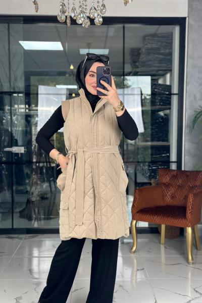 Taşlı Kapitone Yelek Vizon