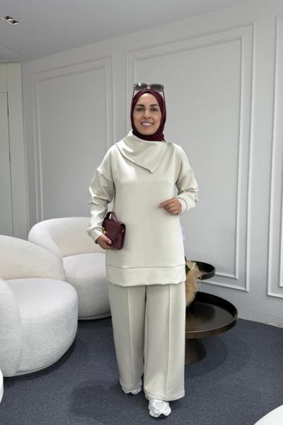 Asimetrik Yaka Scuba Takım Bej