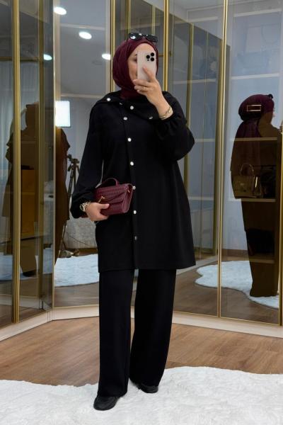 Asimetrik  Metal Düğme Detaylı Takım Siyah