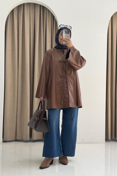 Bağlama Detaylı Uzun Deri Ceket Kahverengi