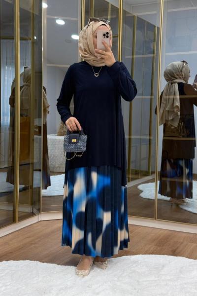 Desenli Tilda Etekli Takım Lacivert