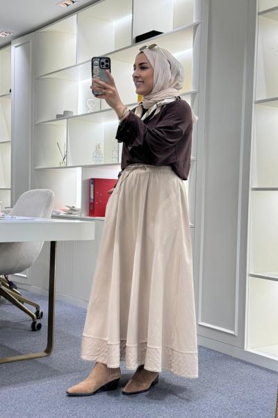 Dikiş Detaylı Beli Lastikli Etek Bej