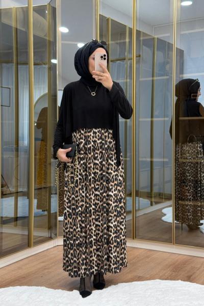 Leopar Desen Tilda Elbise Siyah