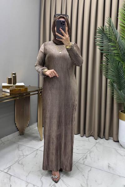 Multi Piliseli Kadife Elbise Kahve