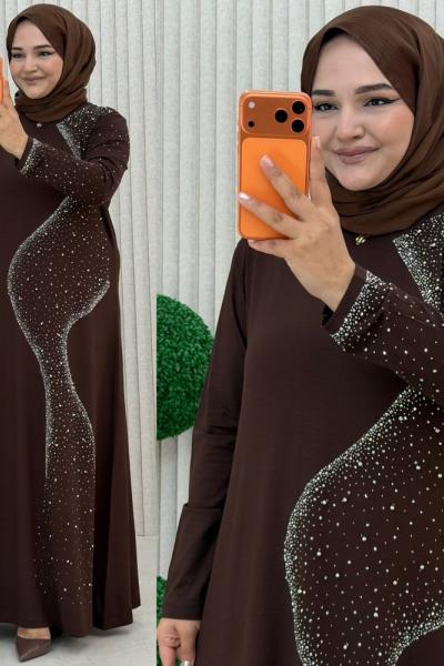 Nora Taş İşlemeli Elbise Kahverengi