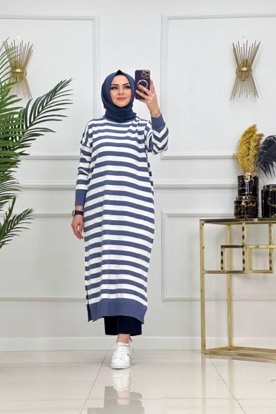 CANSEL ÇİZGİLİ TRİKO TUNİK-MAVİ