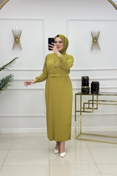 NAZLI PİLİSELİ ELBİSE-YAĞ YEŞİLİ